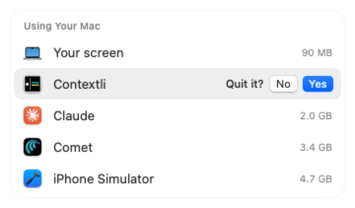 Safe to Quit list of apps using the Mac: Your screen, Contextli with an inline Quit it? No or Yes, Claude 2.0 GB, Comet 3.4 GB, iPhone Simulator 4.7 GB.