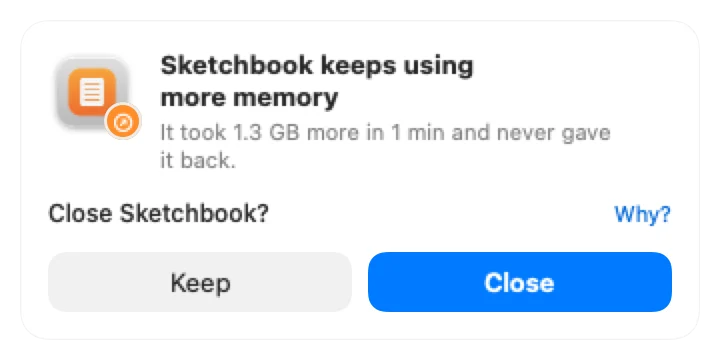 Safe to Quit card: Sketchbook keeps using more memory. It took 1.3 GB more in 1 min and never gave it back. Close Sketchbook? Keep or Close.