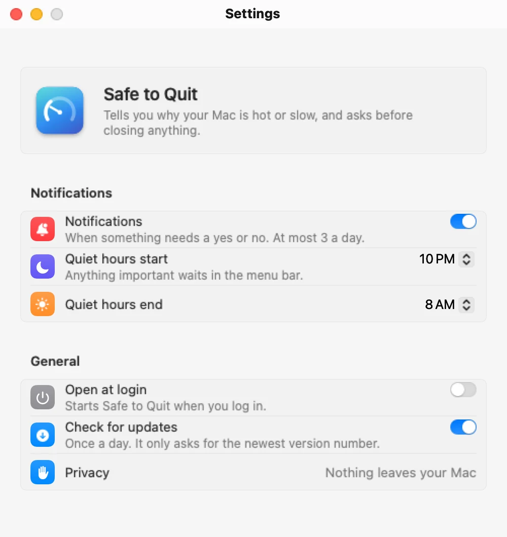 The Safe to Quit Settings window: notifications, quiet hours, open at login, check for updates and privacy.